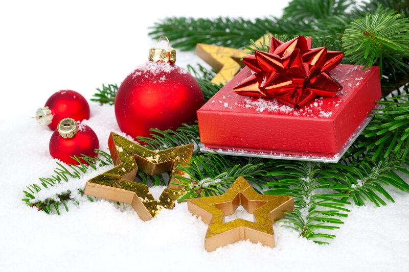 Red Gift Box with Ornaments — Festive, Winter, Photograph, Stars, Pine Branches