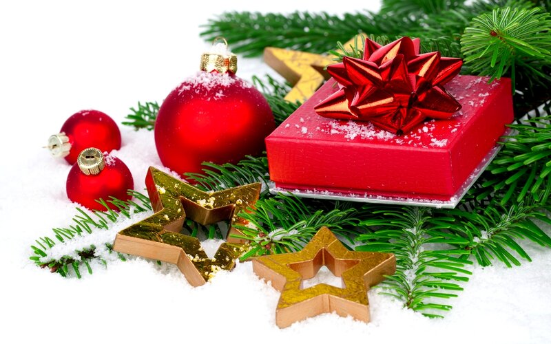 Red Gift Box with Ornaments — Festive, Winter, Photograph, Stars