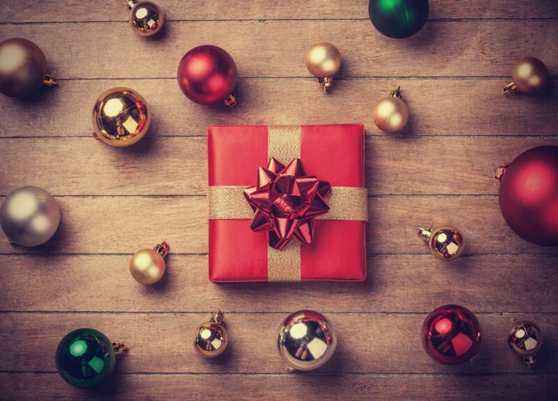 Red Gift Box with Ornaments — Festive, Winter, Photograph, Wooden Surface