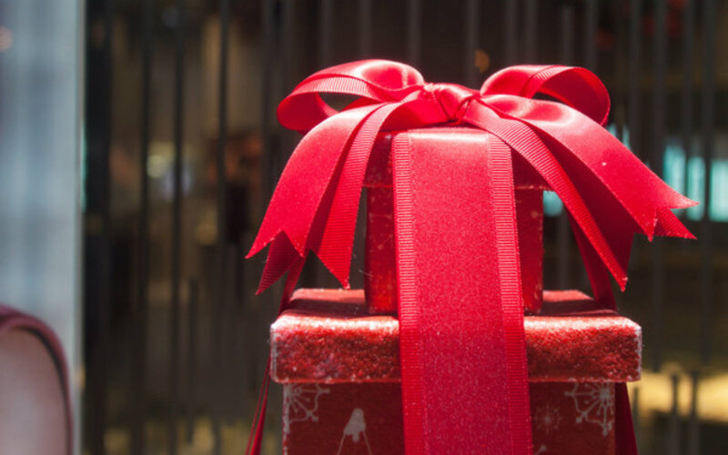 Red Gift Box with Ribbon — Festive, Photograph, Background