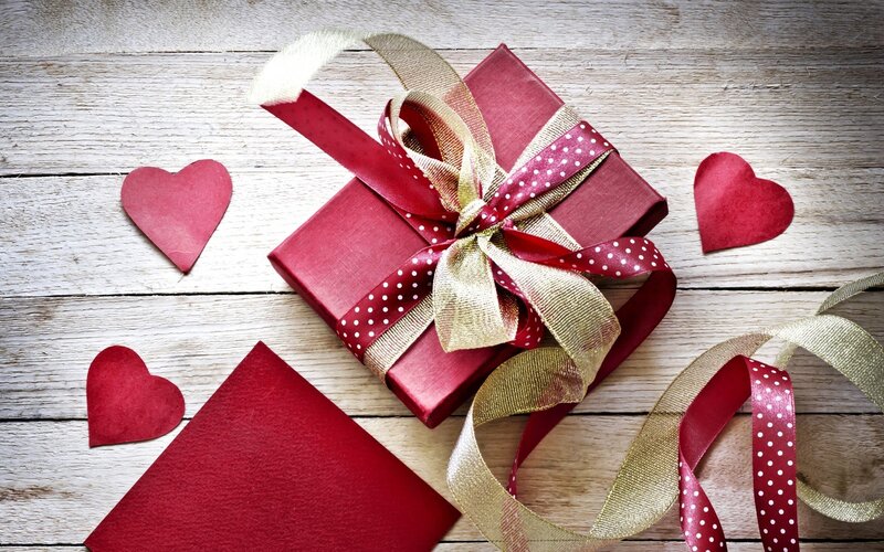 Red Gift Box with Ribbon — Festive, Photograph, Hearts