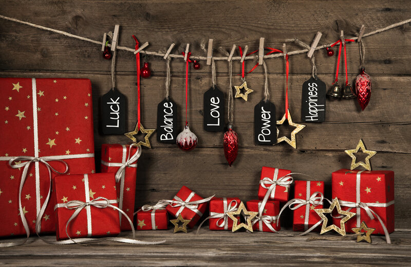 Red Gift Boxes and Ornaments — Festive, Winter, Photograph, Gifts