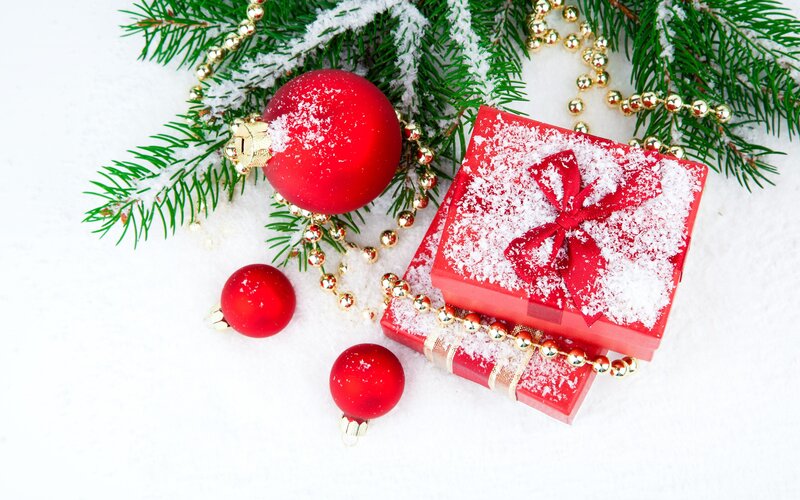 Red Gift Boxes and Ornaments — Festive, Winter, Photograph, Pine Branches