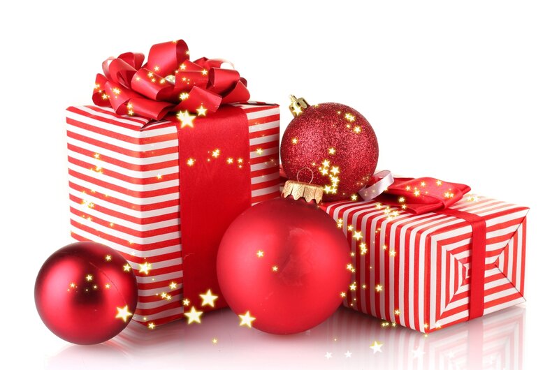 Red Gift Boxes and Ornaments — Festive, Winter, Photograph