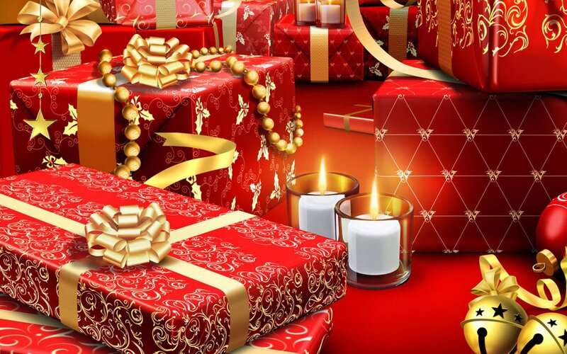 Red Gift Boxes — Festive, Winter, Digital Art, Candles, Bows
