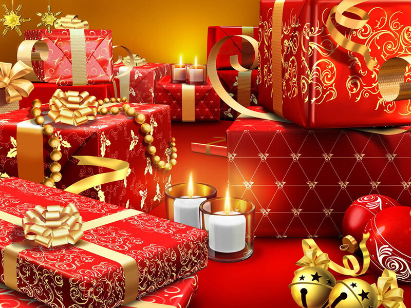 Red Gift Boxes — Festive, Winter, Digital Art, Candles, Jingle Bells