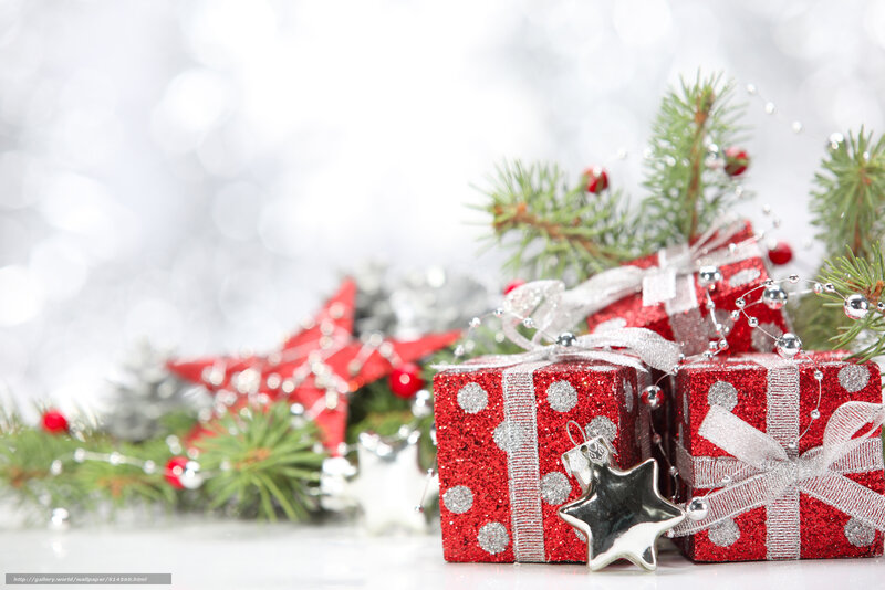 Red Gift Boxes — Festive, Winter, Photograph, Pine Branches, Star Ornament, Ribbons