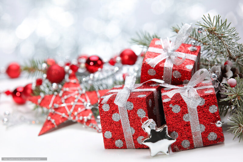 Red Gift Boxes — Festive, Winter, Photograph, Pine Branches, Star Ornament