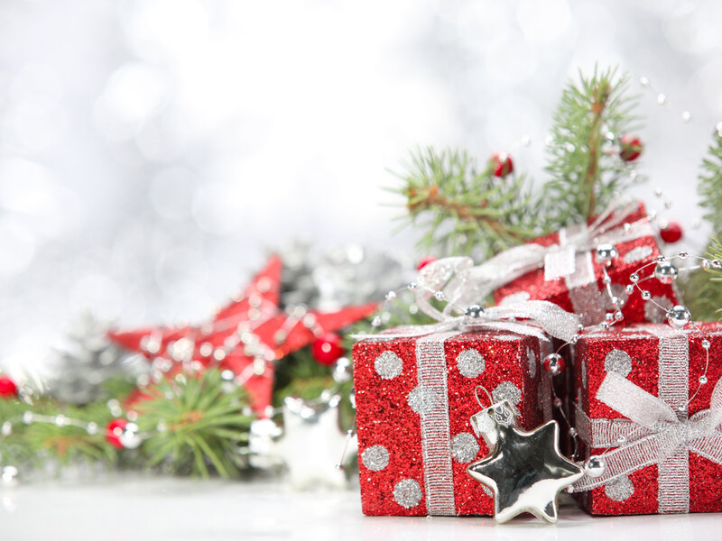 Red Gift Boxes — Festive, Winter, Photograph, Pine Branches, Star Ornaments