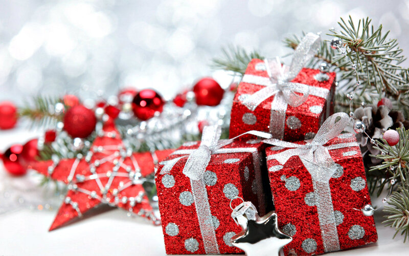 Red Gift Boxes — Festive, Winter, Photograph, Pine Branches