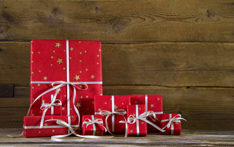 Red Gift Boxes — Festive, Winter, Photograph, Wooden Wall