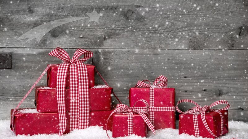 Red Gift Boxes in Snow — Festive, Winter, Photograph, Wooden Wall