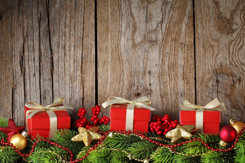 Red Gift Boxes on Pine