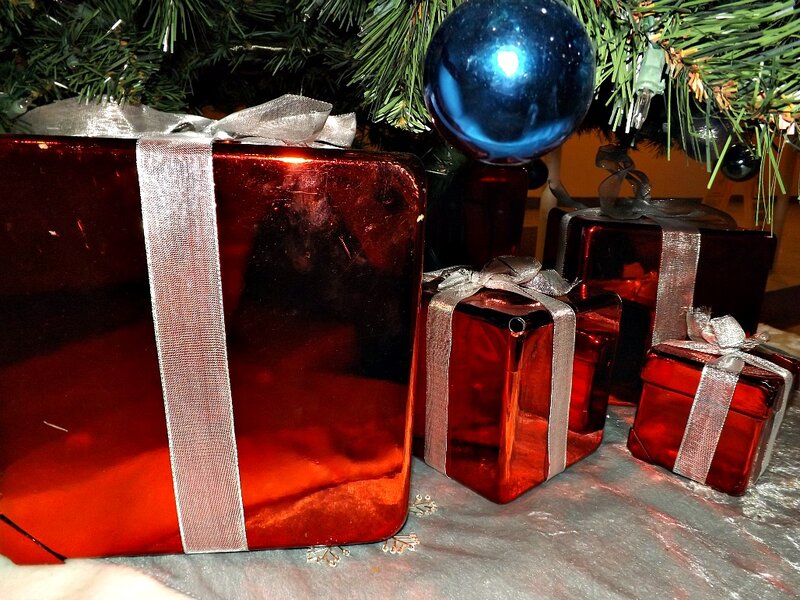 Red Gift Boxes under Tree — Festive, Winter, Photograph