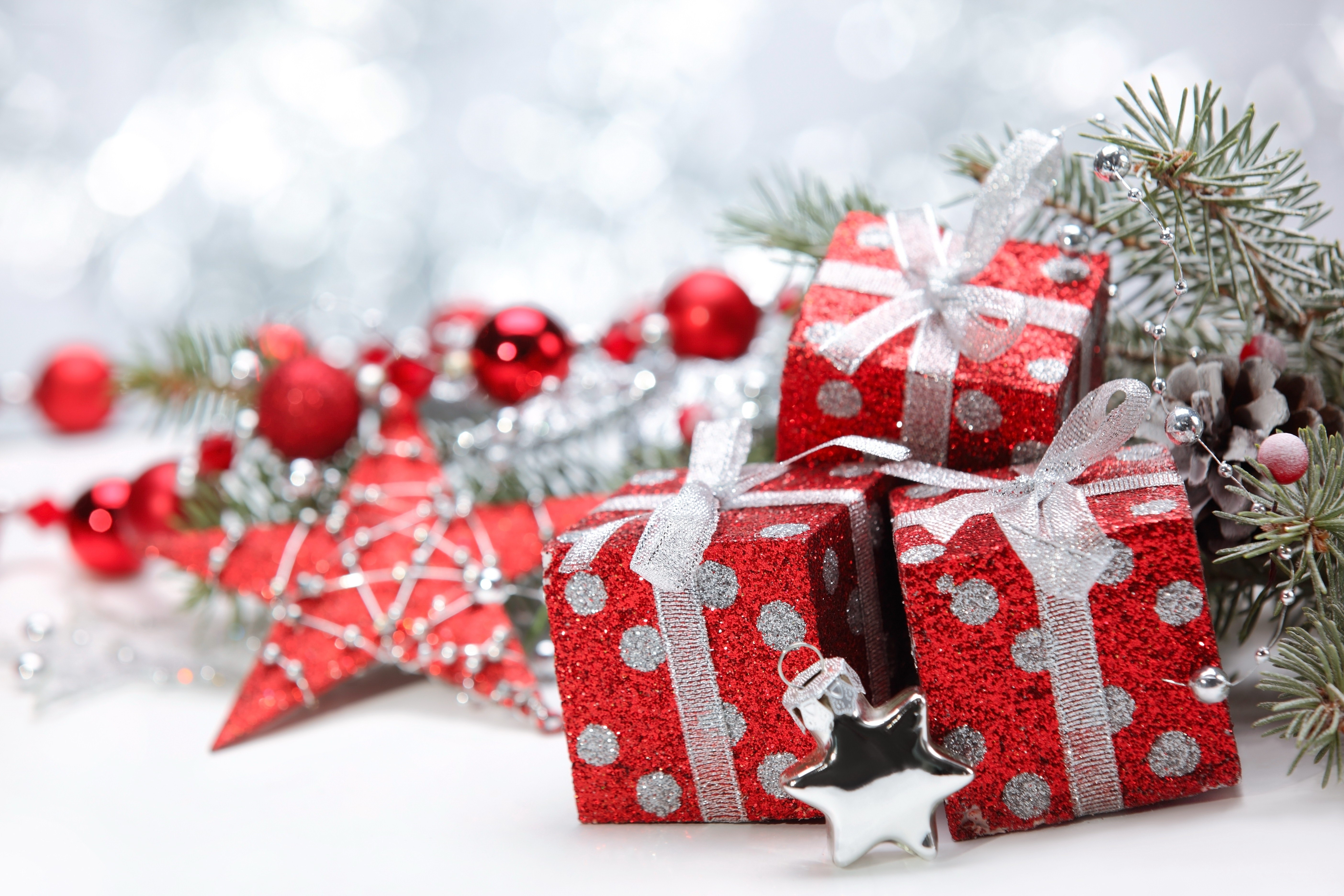 Red gift boxes with Christmas decor