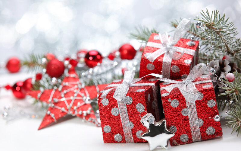 Red Gift Boxes with Ornaments — Festive, Winter, Photograph