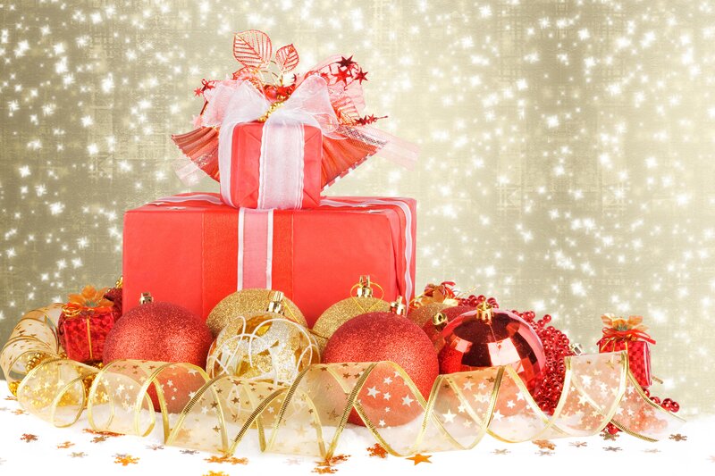 Red Gift Boxes with Ornaments — Festive, Winter
