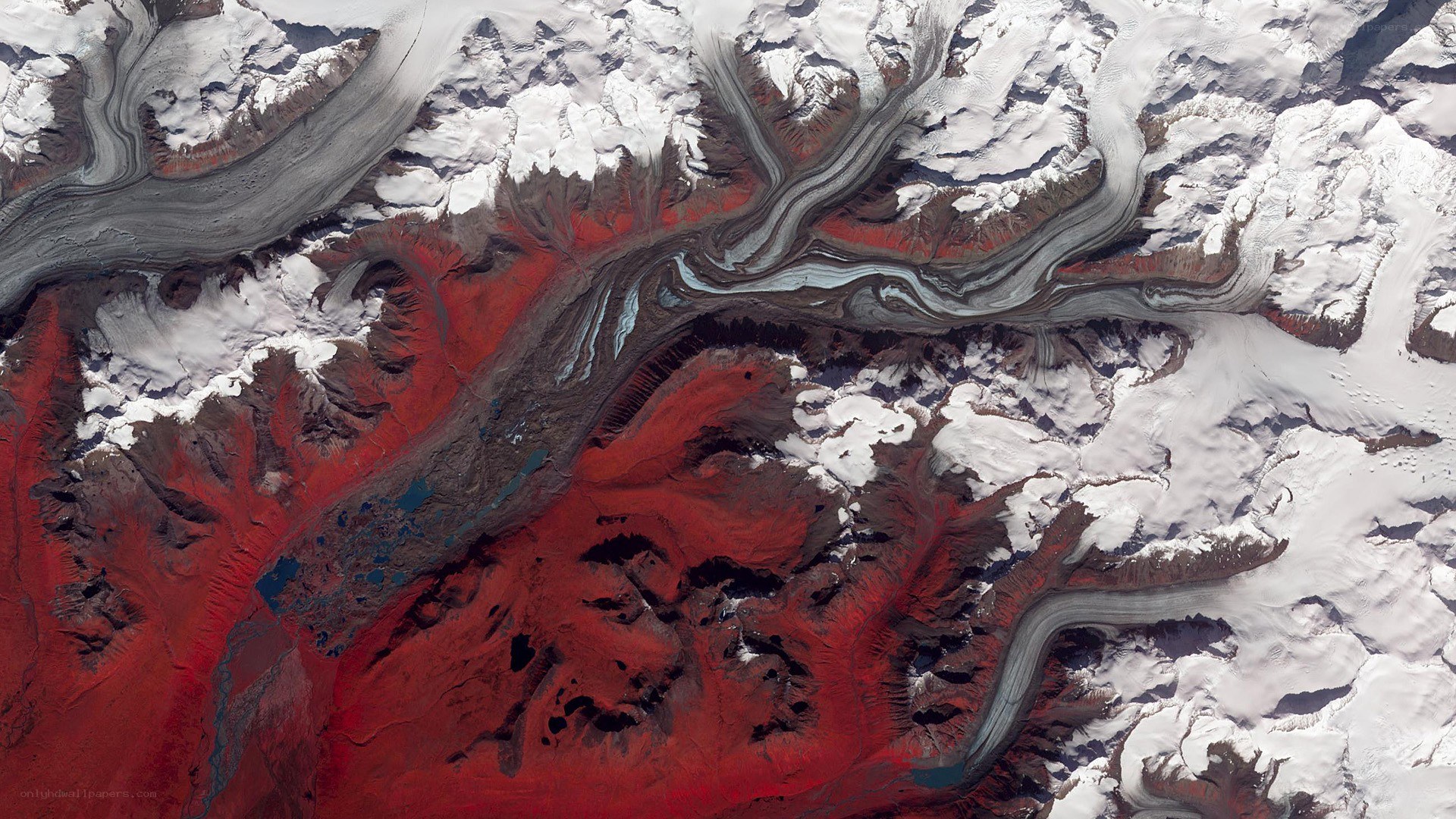 Red glacier melt in mountains