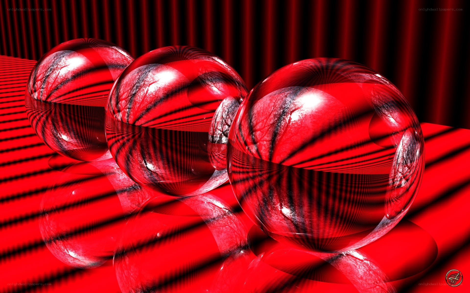 Red glass spheres on striped surface