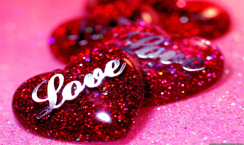 Red Glitter Hearts — Romantic, Photograph, Text