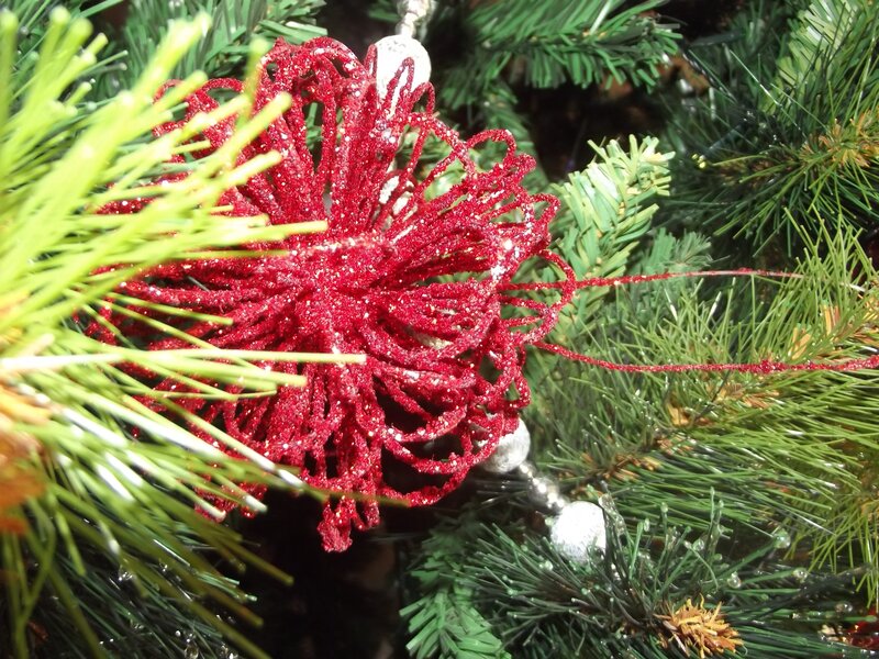 Red Glitter Ornament — Festive, Winter, Photograph, Pine Needles