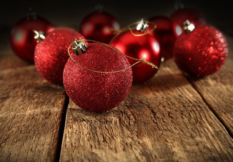 Red Glitter Ornaments — Festive, Photograph, Wooden Surface