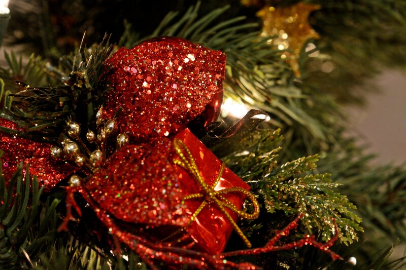 Red Glitter Ornaments — Festive, Winter, Photograph, Pine Branches, Gift Box