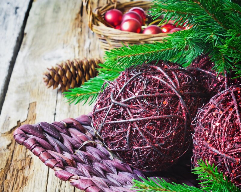 Red Glitter Ornaments — Festive, Winter, Photograph, Pine Branches