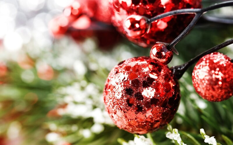 Red glitter ornaments on branch