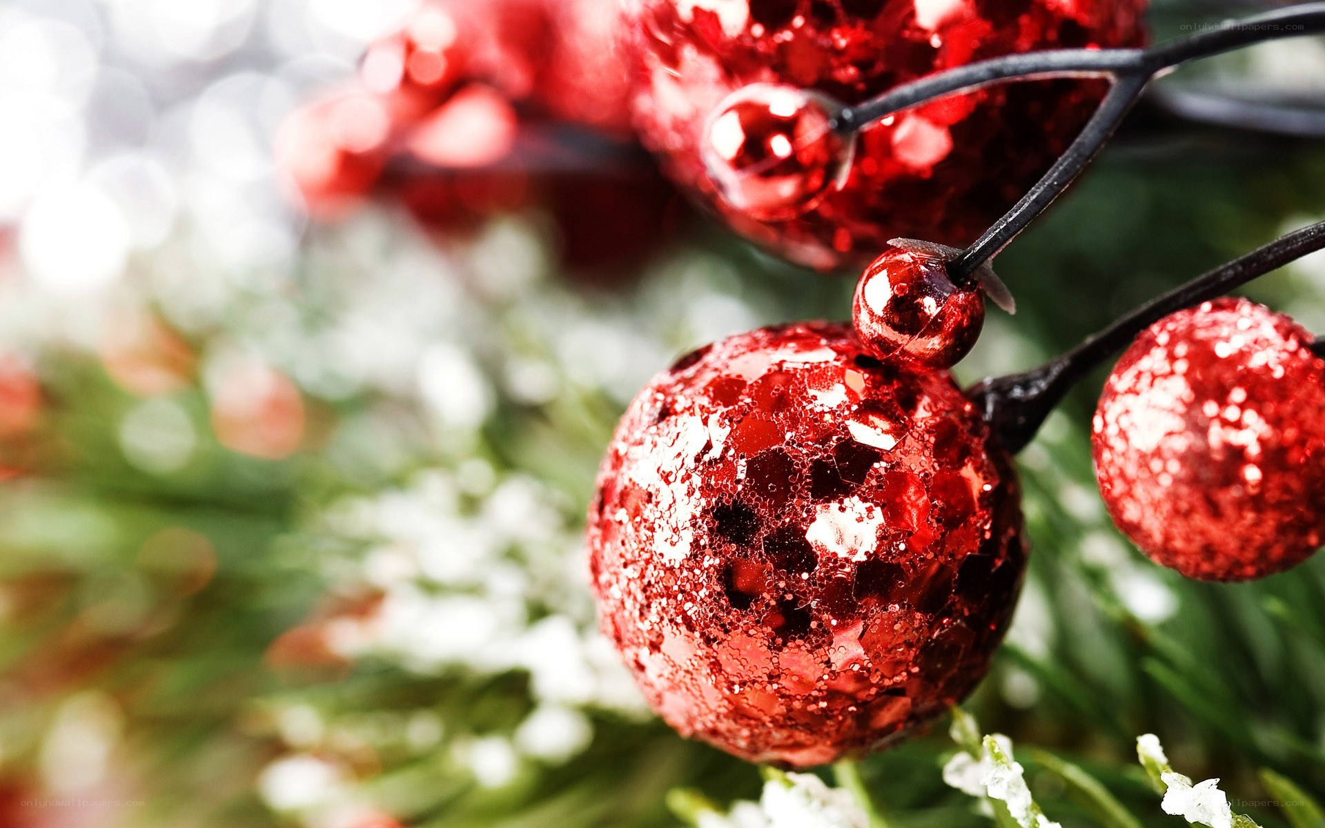 Red glitter ornaments on branch