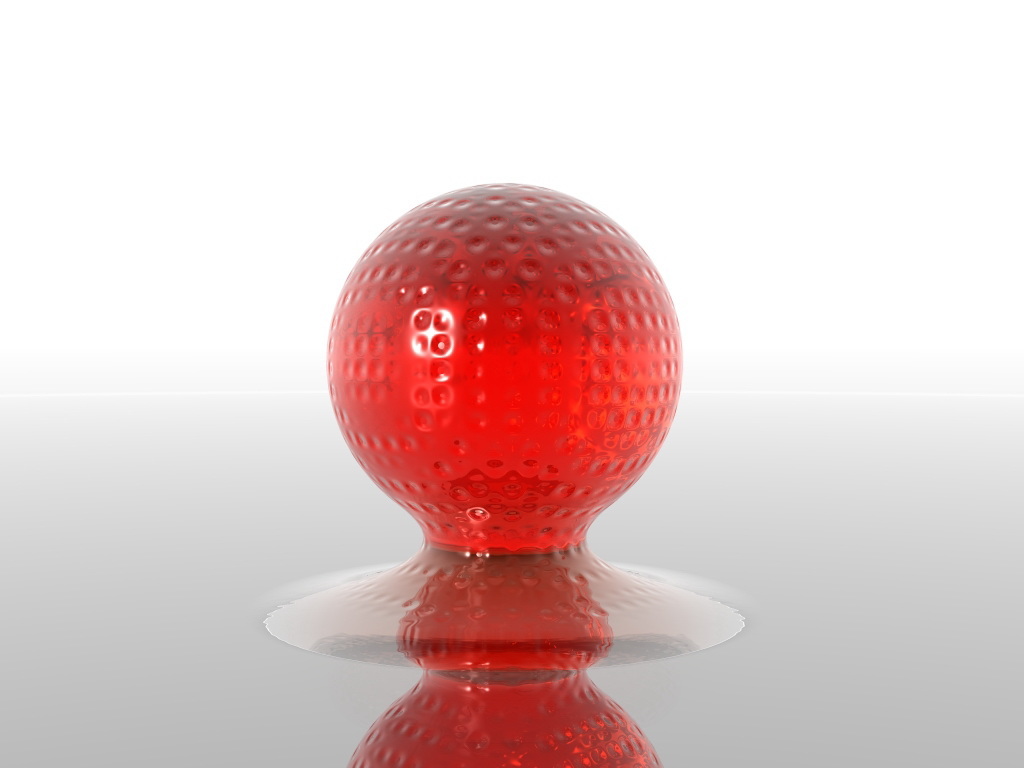 Red golf ball on reflective surface