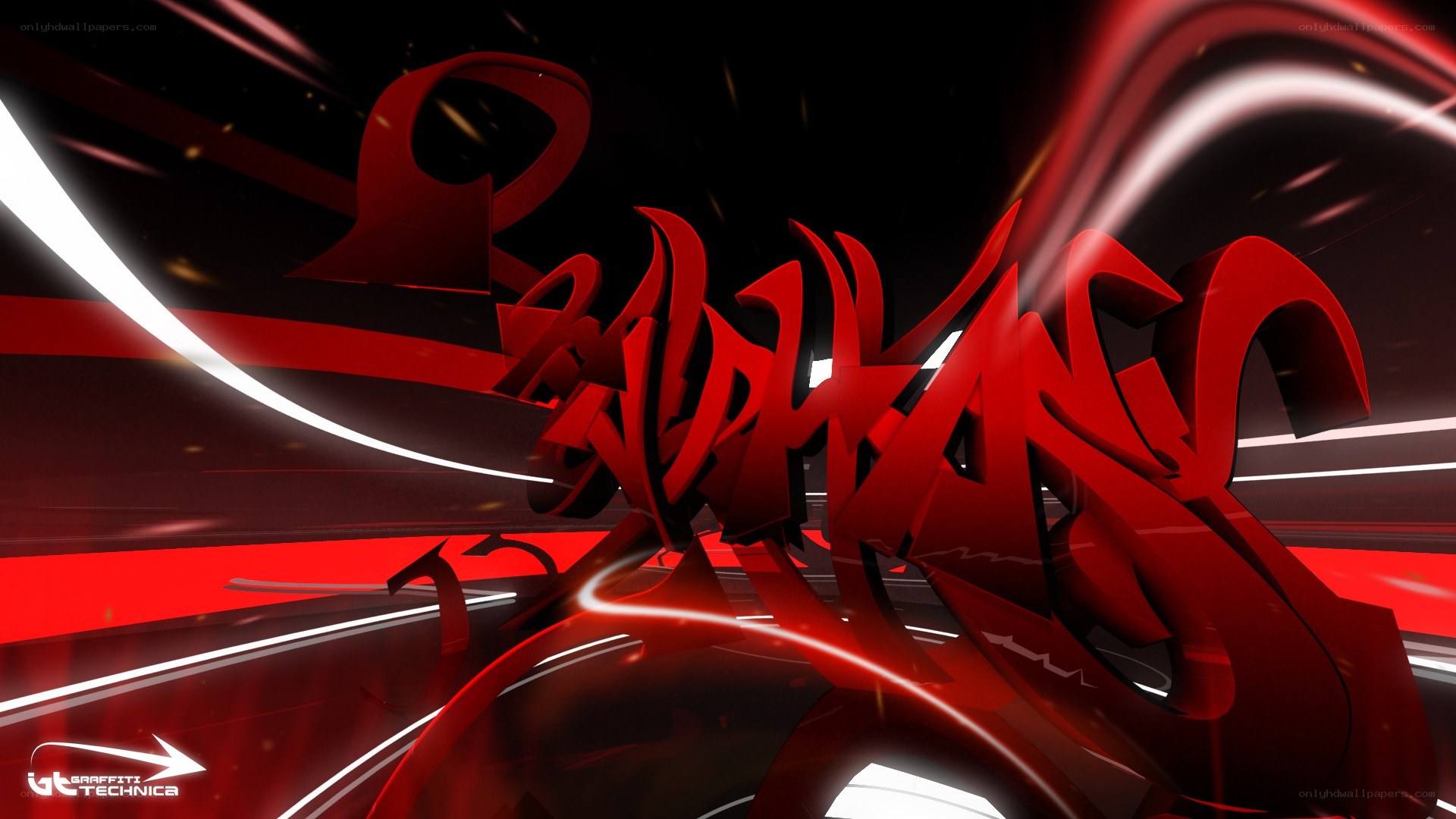 Red graffiti art with light streaks