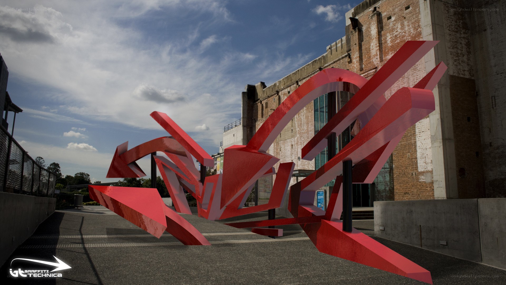Red graffiti sculpture in urban setting