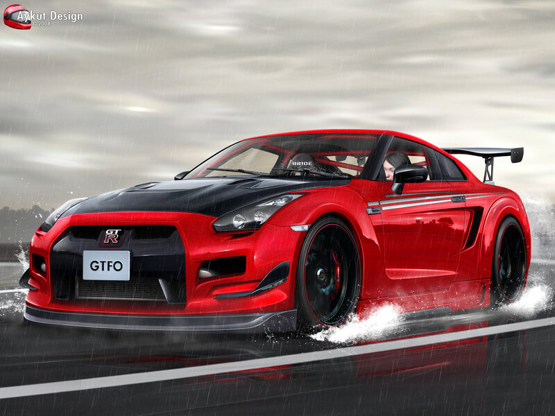 Red GT-R in the rain
