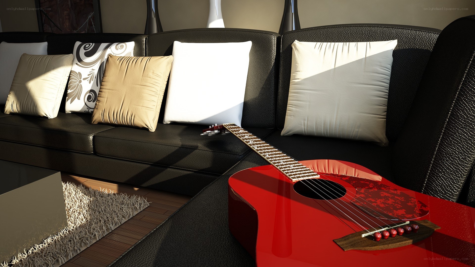 Red guitar on black sofa