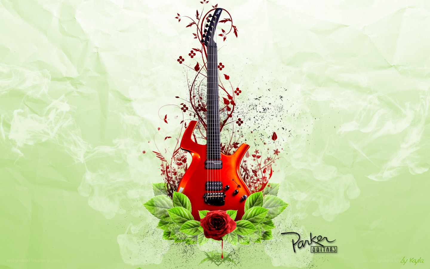 red guitar with floral design