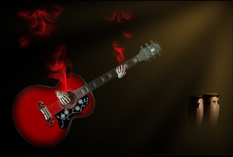Red guitar with skeletal hands