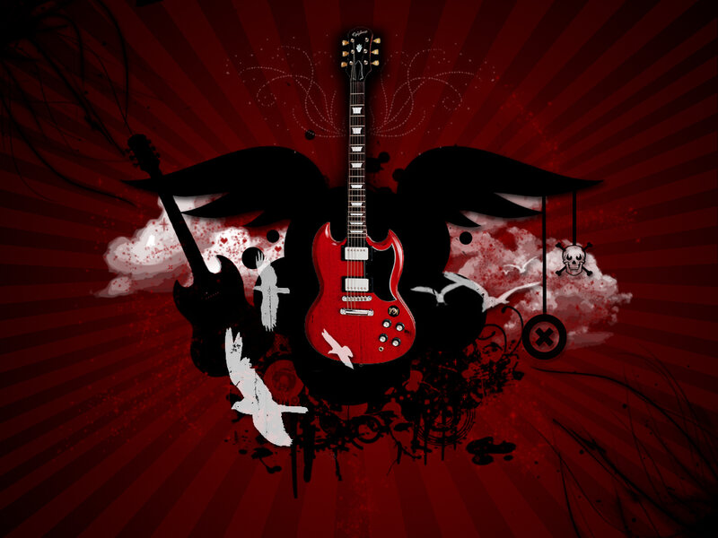 Red guitar with wings and skull