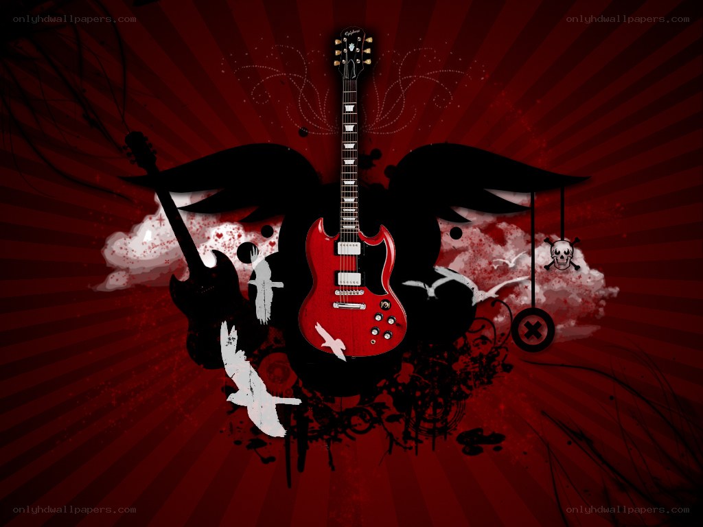 Red guitar with wings and skull