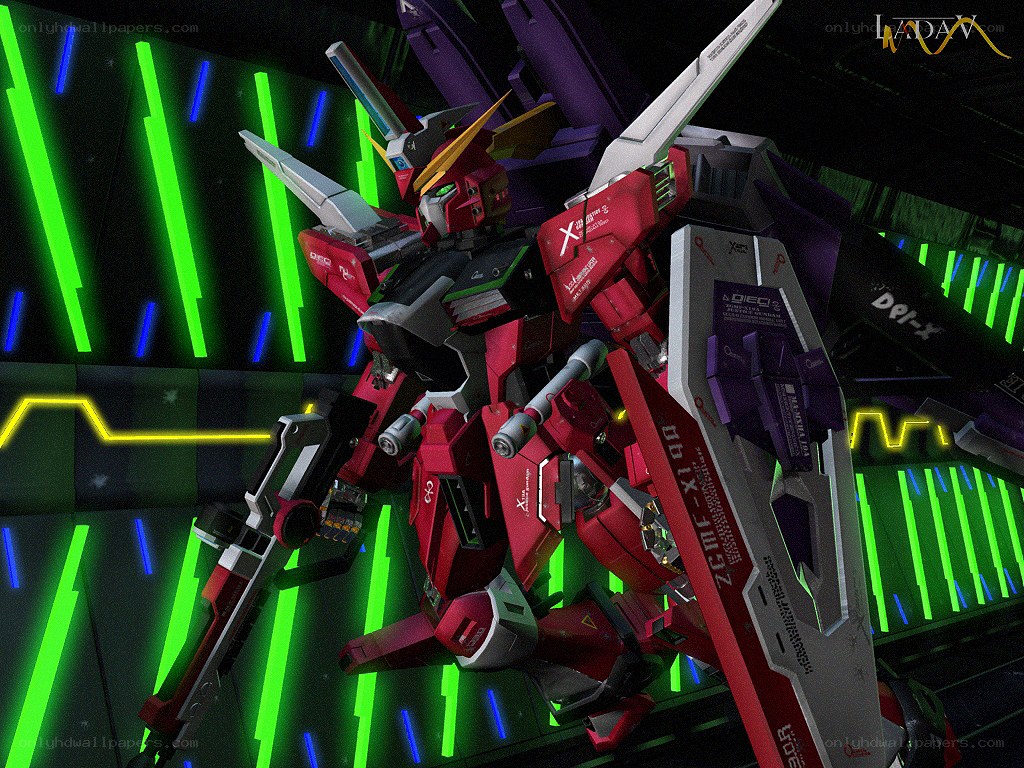 Red Gundam in neon corridor