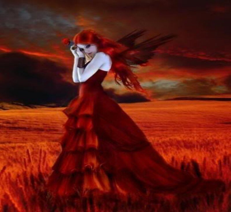 Red-haired angel in a field