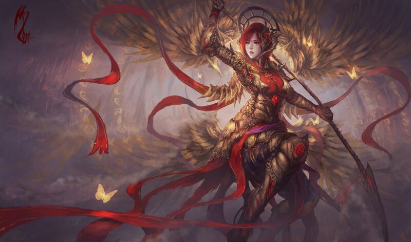 Red-haired Angel Warrior — Red, Dramatic, Digital Art
