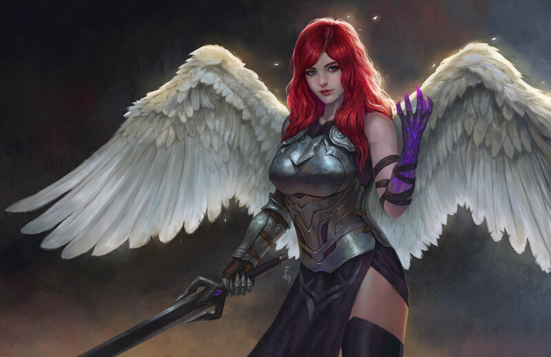 Red-haired Angel Warrior — White, Dramatic, Digital Art, Wings
