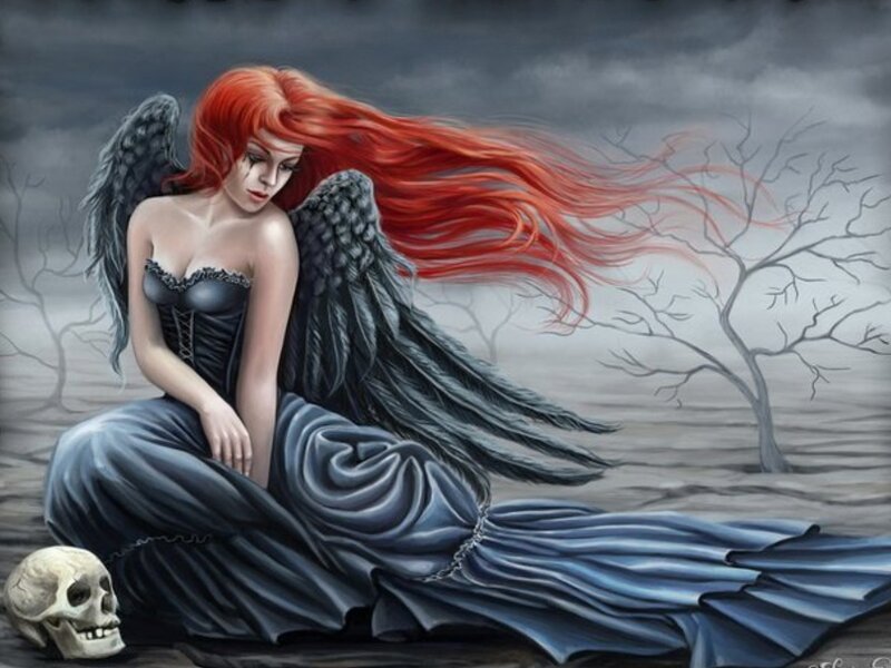 Red-haired Angel with Wings — Red, Dramatic, Digital Art, Skull