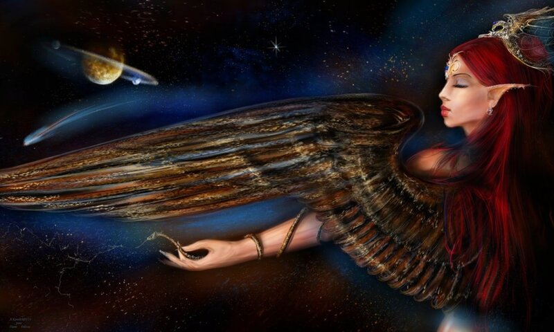 Red-haired Angel with Wings — Red, Serene