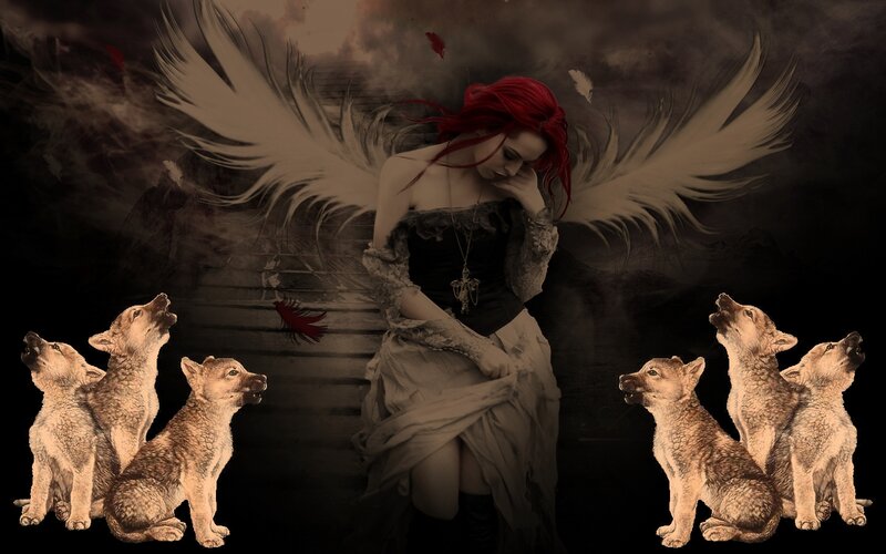 Red-haired Angel with Wolf Pups