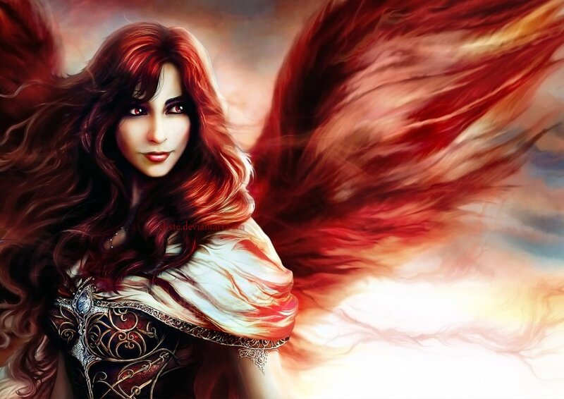 Red-haired Angel Woman — Red, Dramatic, Digital Art