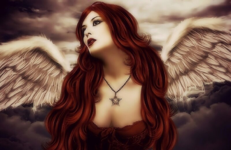 Red-haired Angel Woman — Red, Dramatic, Digital Art, Wings