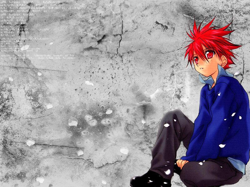 red-haired anime boy sitting