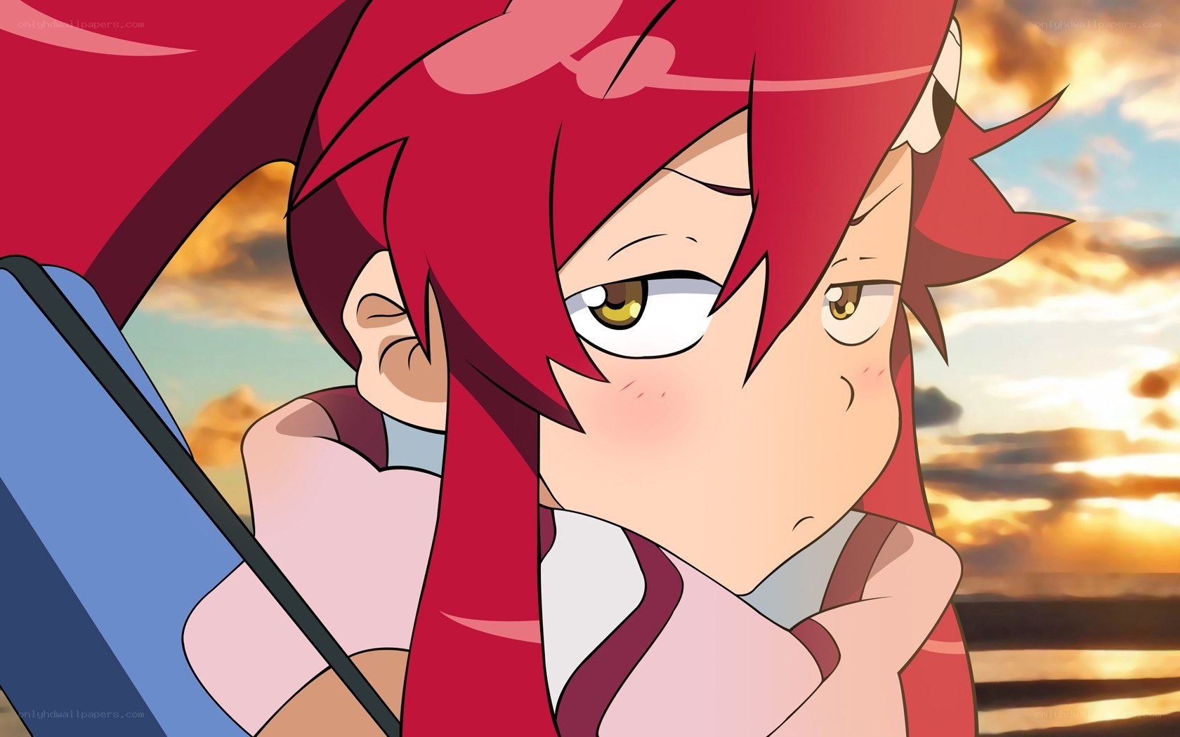red-haired anime character at sunset